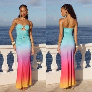 NWT Strapless Ombre Maxi Dress in Aqua, Pink & Yellow — Ring-Detail